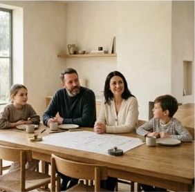 A family reviewing plans around a wooden table