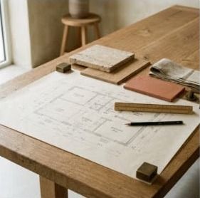 A floor plan with material samples and a pencil on a wooden table